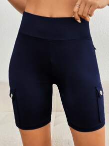 Flirla Quần legging bó màu trơn có túi cạp cao cho nữ mùa hè - Màu xanh hải quân - Xem 5