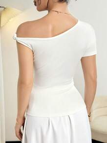 Modelyn Women's Elegant Asymmetrical Floral Decorated Asymmetrical Neck Asymmetrical Hem Short Sleeve T-Shirt - White - View 2