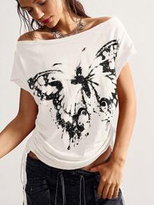 Bohemela Áo thun nữ cổ tròn tay ngắn dệt kim màu trơn có dây rút bên hông, dáng ôm - trắng - Xem 4