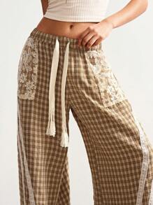 Bohemela Pantalones rectos casuales de mujer de tela escocesa trenzada - Caqui - Ver 8