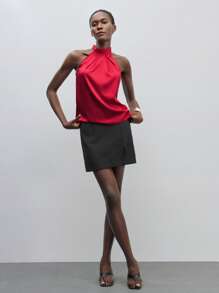 Maija Tie-Up Satin Halter Neck Cold-Shoulder Blouse Top