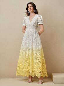 Anewsta Neues elegantes Kleid mit V-Ausschnitt, wasserlöslicher Spitze und Farbverlauf-Effekt, Sommerkleidung für Frauen, buttergelb