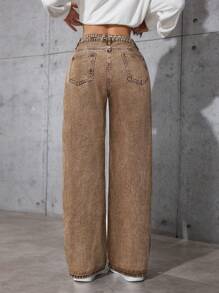 SHEIN PETITE 女式口袋设计宽腿宽松休闲百搭牛仔裤