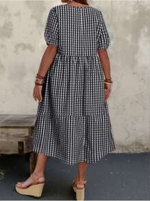 INAWLY Plus Size Crew Neck Short Sleeve Plaid Long Casual Dress