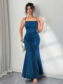 Elenzga Plus Size Elegant Sexy Backless Ruched Slim Fit Bodycon Dress - Teal Blue - View 5