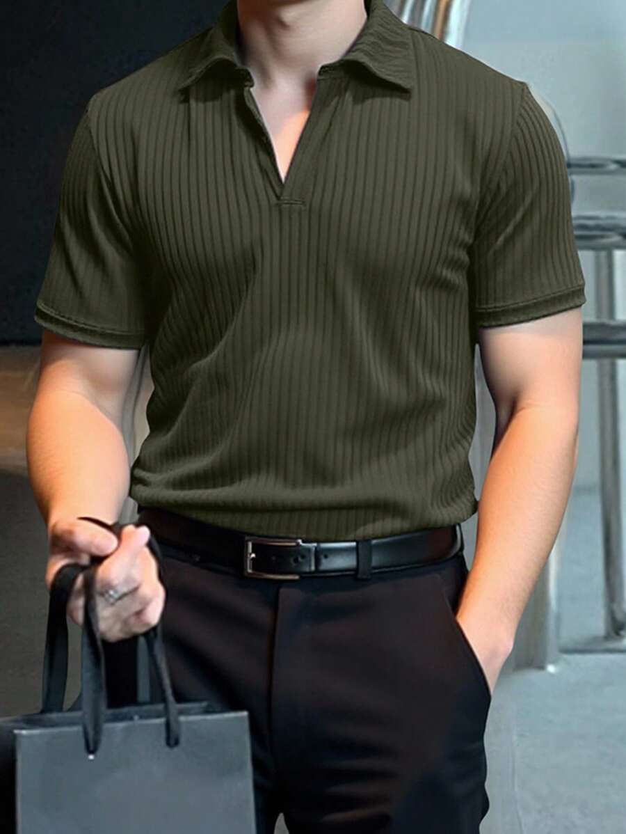 Manfinity Homme 男士纯色夏季休闲时尚短袖 Polo 衫男士罗纹 Polo 衫 - 軍綠色 - 查看 1