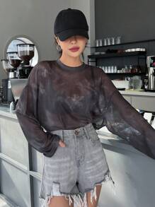 DAZY Drop Shoulder Mesh Top Without Bra Going Out Tops Sheer Long Sleeve Women Tops,Fall Women Clothes - Black - View 7