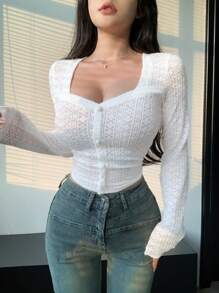 DAZY Women'S Sweetheart Neck Long Sleeve Top - White - View 4