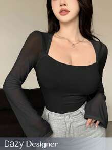 Dazy Designer Damen Mesh Kontrast Design Carree Ausschnitt Langarm T-Shirt für Ausgehen Oberteile Sommer