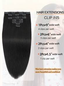 7 piezas Extensiones de cabello humano real color negro natural con clip, extensiones de cabello humano con doble trama con clips - Natural Black - Ver 4