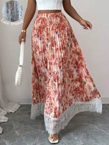 Elenzga 波西米亚印花拼布荷叶边下摆 A 字裙，女款，春夏