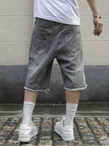 Manfinity EMRG Pantalones cortos de mezclilla con bolsillos, borde deshilachado y rasgados, de moda para hombres