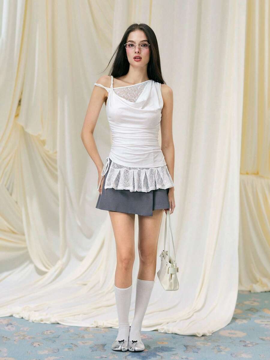 SHEIN MOD Blusa sin mangas asimétrica de encaje blanco romántica 2 en 1 para mujer, ideal para verano, vacaciones, playa, cumpleaños, brunch, elegante - Blanco - Ver 1