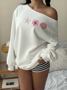 SHEIN EZwear 女士休闲露肩宽松长袖运动衫，海星印花，芙蓉印花，贝壳印花 - 白色 - 查看 6