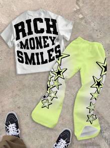 SHEIN Tween Boys Fashion Classic Cool Figure Portrait Graphic Tee & Slogan Printed Bell-Bottoms 2 Pieces Casual Outfit, Suitable For Summer