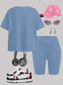 Set de 2 piezas de camiseta de manga corta holgada y leggings casuales y sencillos para adolescentes, apropiado para el verano