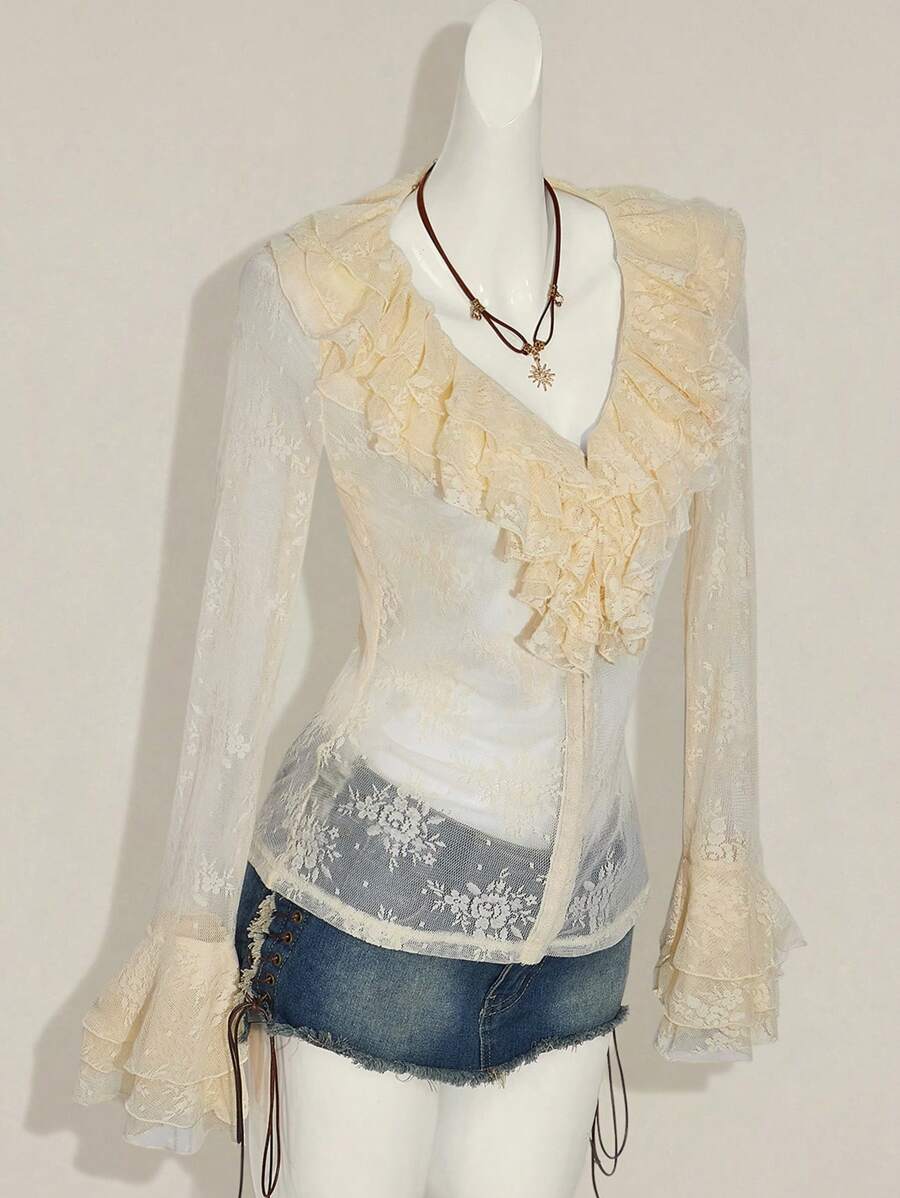 SHEIN ICON Y2k Phụ nữ đi chơi mùa thu Tây Boho Sexy Hippie Beige Goth Màu trơn Tay dài ren xuyên thấu Áo cánh cổ chữ V xếp nếp - Màu be - Xem 1