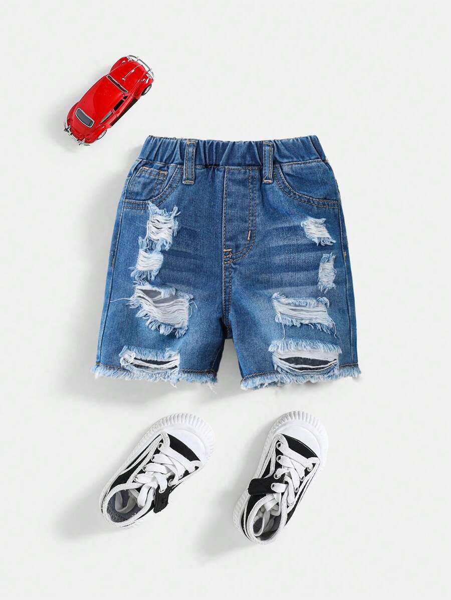 SHEIN Pantalones cortos vaqueros rectos de pierna suelta con desgarros y deshilachados de azul desteñido para niño pequeño de verano, casuales y versátiles para ropa de bebé, disfraz, uso diario de primavera/verano, interior/exterior