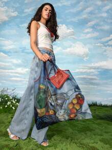 SHEIN Touch of Art 1 Túi mua sắm/túi xách gấp gọn tái sử dụng được, in hình tĩnh vật táo, làm từ polyester, kèm túi nhỏ và dây xích hạt để treo túi, thiết kế nghệ thuật và trang nhã, phù hợp cho trang phục mùa hè, trang phục mùa xuân, đi biển, kỳ nghỉ, hoa. - Nhiều màu - Xem 3