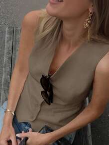 INAWLY Women's Solid Color V-Neck Single-Breasted Casual Vest Jacket - Coffee Brown - View 2