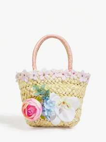 SHEIN ICON 女士，女式手提包，草编包，花朵，珍珠蝴蝶结，珍珠，时尚，优雅，简约，个性化，多功能，街头，甜美酷炫女孩，辣妹，千禧一代，适合海滩，度假，节日，夏季，海边 - 粉色 - 查看 2