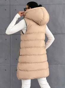 EURMUSE Petite Size Zip Up Drawstring Hooded Puffer Vest Coat - Green - View 2