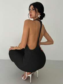 Firerie 波西米亚风女式露背修身奶油色纯色针织毛衣裙，优雅性感度假太阳裙