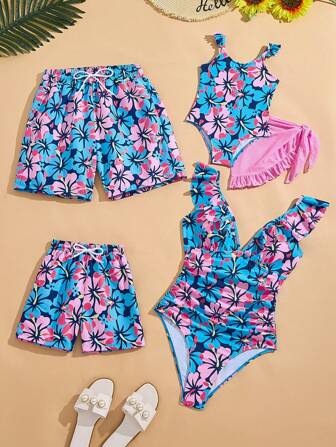 Young Boy Fashionable Allover Print Swim Trunks, Family Matching Mommy And Me (4 Pieces Are Sold Separately)