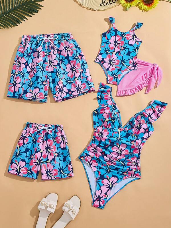 Bañador con estampado total de moda para niño pequeño, a juego con mamá (se venden por separado 4 piezas)