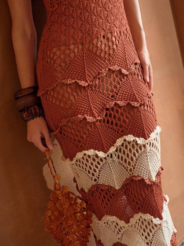 TWO TONE LAYERED TRIM V-NECK CROCHET COVER UP DRESS WITHOUT BELT FOR SUMMER BEACH VACATION