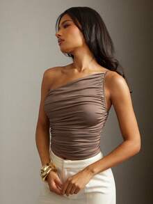 Hauture 女式基本款休闲办公室复古单肩侧褶针织平纹针织棕色上衣 - 棕色 - 查看 6