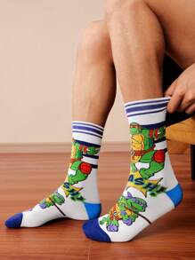 TEENAGE MUTANT NINJA TURTLES | SHEIN 2 双柔软透气吸湿排汗休闲中筒袜，卡通条纹图案，时尚绿色和白色男士中筒袜，加固脚趾和脚跟，经久耐用，男女通用，四季百搭 - 彩色 - 查看 8