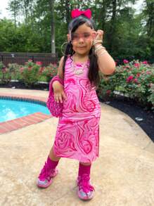 SHEIN Young Girl Casual Fashion Street Style Square Neck Tie-Dye Printed Snug Fit Pink Dress - Pink - View 3