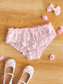 Pink Crystal Embellished Satin Lace Ruffled Bloomer Bikini Briefs For Women - Pink - View 8