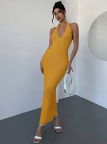 SHEIN Privé 情人节新款优雅浪漫约会无袖V领纹理杏色修腰修身连衣裙，春夏 - 黃色 - 查看 5