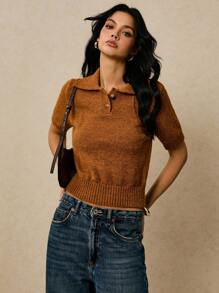 Poéselle 柔软针织 Polo 衫上衣 - 女式短袖纽扣套头衫、女式针织 Polo 衫、纽扣针织 Polo 衫、柔软针织上衣、翻领针织衫、学院风毛衣上衣、秋季针织时尚、棕色针织上衣、女式针织上衣