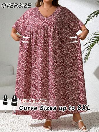 SHEIN CURVE+ Plusstorlek Damsemester Lös Småblommig V-ringad Kortärmad Babydoll-lärarklänning, Arabisk klänning, Arabiska kläder Boho Semestersommar/Landsbygd/Strand Semesterkläder/Strandkläder/Strandkläder, Maxiklänning Plusstorlek Solklänning 8xl Klänning Plusstorlek Blommig Klänning Kurv Sommarklänning Dam Plusstorlek Vardagsklänning