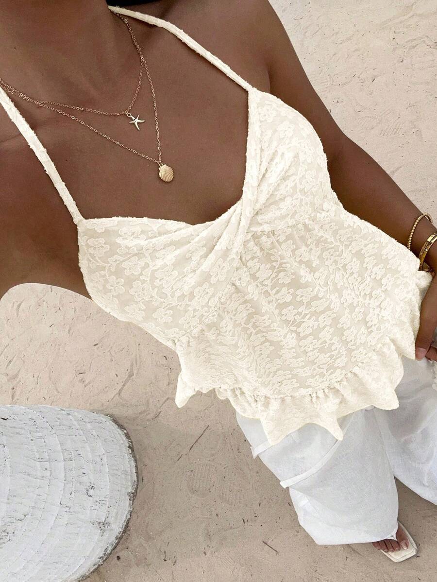 Sunnyshic Áo hai dây đan chéo ren màu trơn, thời trang cho mùa hè - Màu be - Xem 1