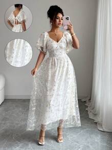 Elenzga Elegantes und modisches Damen Pendler Lässig Komfort-Kleid im charmanten Retro-Stil einer sanften Prinzessin, mit süßen Puffärmeln, Schleife in der Taille, Rückenband, A-Linie Rüschensaum und besticktem Mesh-Material