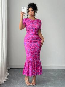 Elenzga Plus Size Women Floral Print Stretch Knit Bodycon Dress, Round Neck Short Sleeve Fitted Dress, Available In June - Hot Pink - View 6