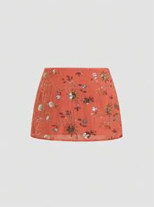 Sweetra Falda acampanada de ajuste ceñido con lazo bordado y lentejuelas naranja, estilo veraniego europeo y americano para mujeres