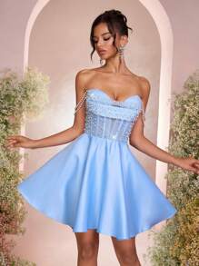 Lovelzi Elegant And Luxurious Light Blue Luxurious Satin Handmade Pearl Decoration Pearl Chain One Shoulder Drop Shoulder Sleeve Waist Section Sexy See-Through Short Style Large A-Line, Suitable For Dating, Bachelorette Party, Formal Evening Party, Prom Dress (Heavy Workmanship)
