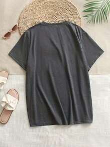SHEIN Plus Size Letter Print Casual Versatile Round Neck Short Sleeve T-Shirt, Summer - Grey - View 2