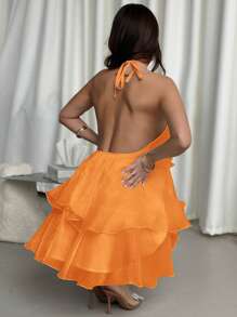 Firerie 浪漫露背荷叶边下摆白色欧根纱露背连衣裙，搭配多层裙摆，非常适合约会场合，优雅的礼物 - 橘色 - 查看 2