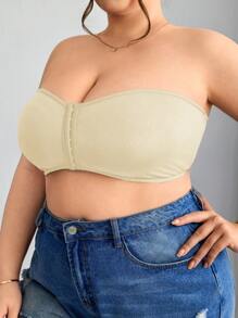 SHEIN CURVE+ 前拉链加大码迷你衬垫文胸背心，加大码曲线，波西米亚风度假上衣，内置文胸加大码无肩带文胸无肩带文胸上衣曲线上衣内置文胸上衣 - 杏色 - 查看 5