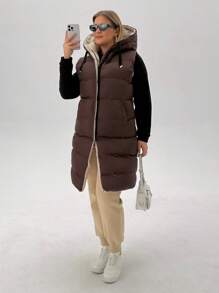 EURMUSE Plus Size Zip Up Drawstring Hooded Puffer Vest Coat, For Winter - Brown - View 4