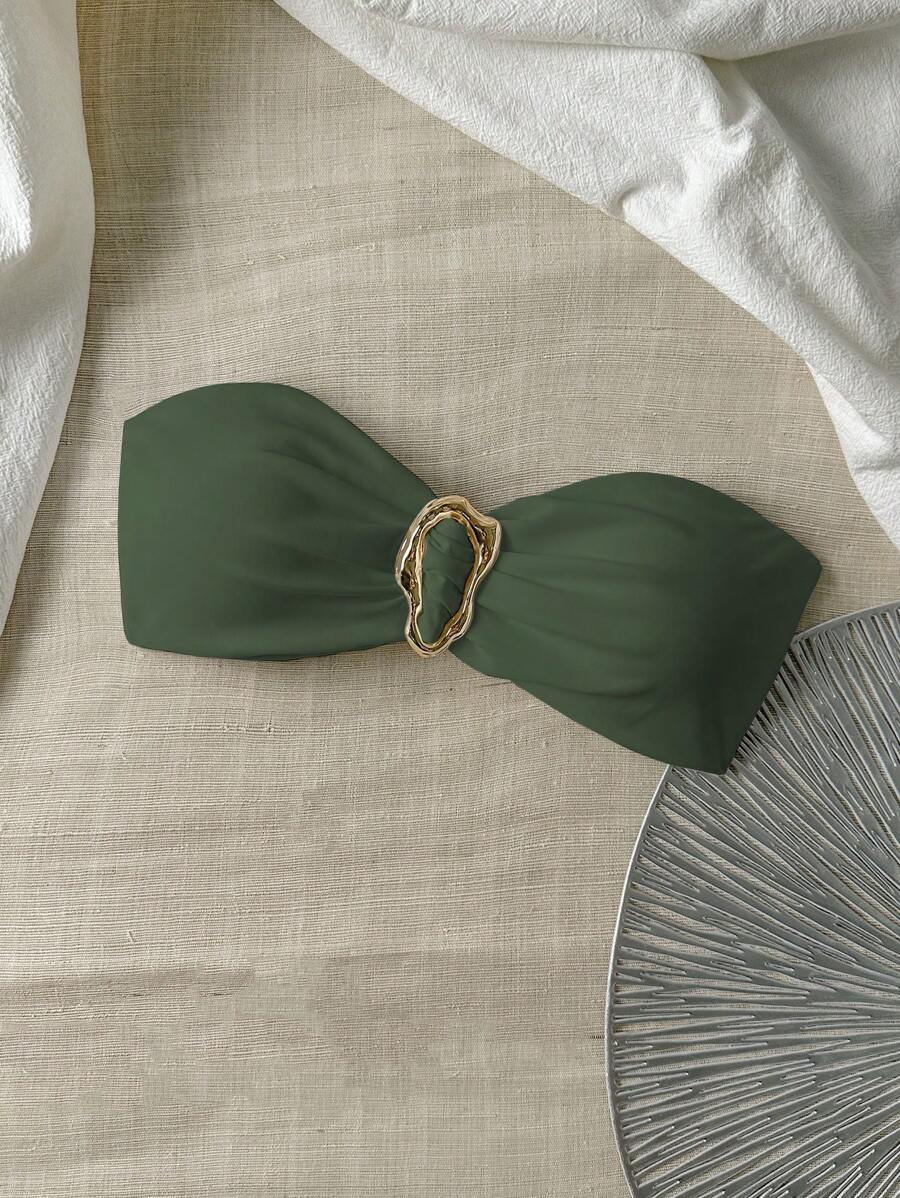 Swim Chiccia Springbreak Women Solid Color Strapless Metal Decor Sexy Bikini Top For Summer - Green - View 1