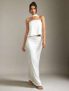 Hauture Conjunto de top bandeaux sin tirantes y falda larga de estilo informal y oficina de verano sexy