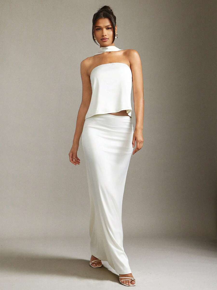 Hauture Conjunto de top bandeaux sin tirantes y falda larga de estilo informal y oficina de verano sexy