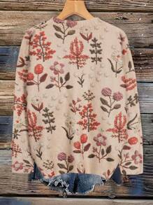 Suéter de punto holgado de manga larga con cuello redondo, estampado floral, versátil y casual para mujer de talla grande, para otoño e invierno